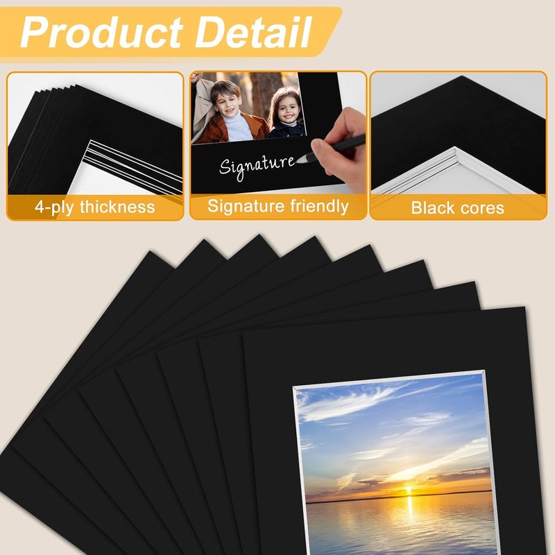 Phinus Store 8 Pack Picture Mats for Frames, Acid Free 11x14 Matted to 8x10, Picture Frame Mats for Pictures, Watercolor, Artwork and Prints (Black) - Image 3